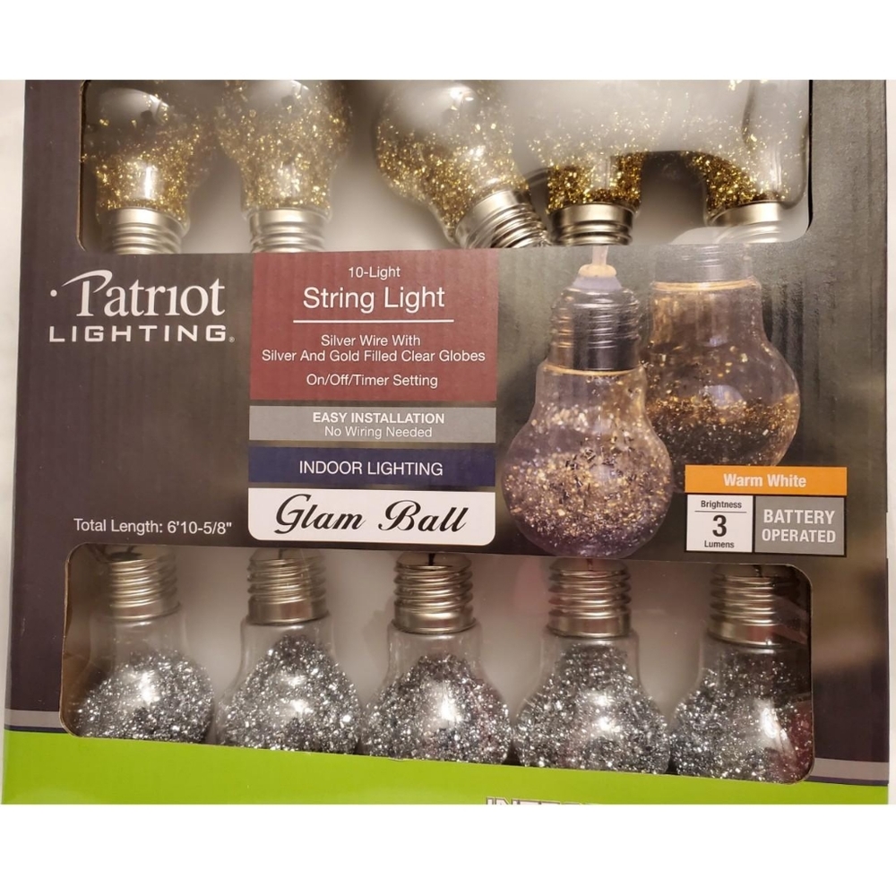 Silver wire with silver and gold confetti pattern filled clear globe stringlight